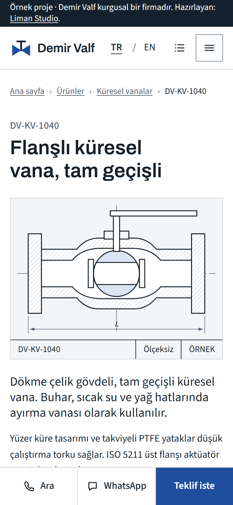 Telefonda bir Demir Valf ürün sayfasının ekran görüntüsü: ürün adı, kodu ve küresel vananın kesit çizimi.
