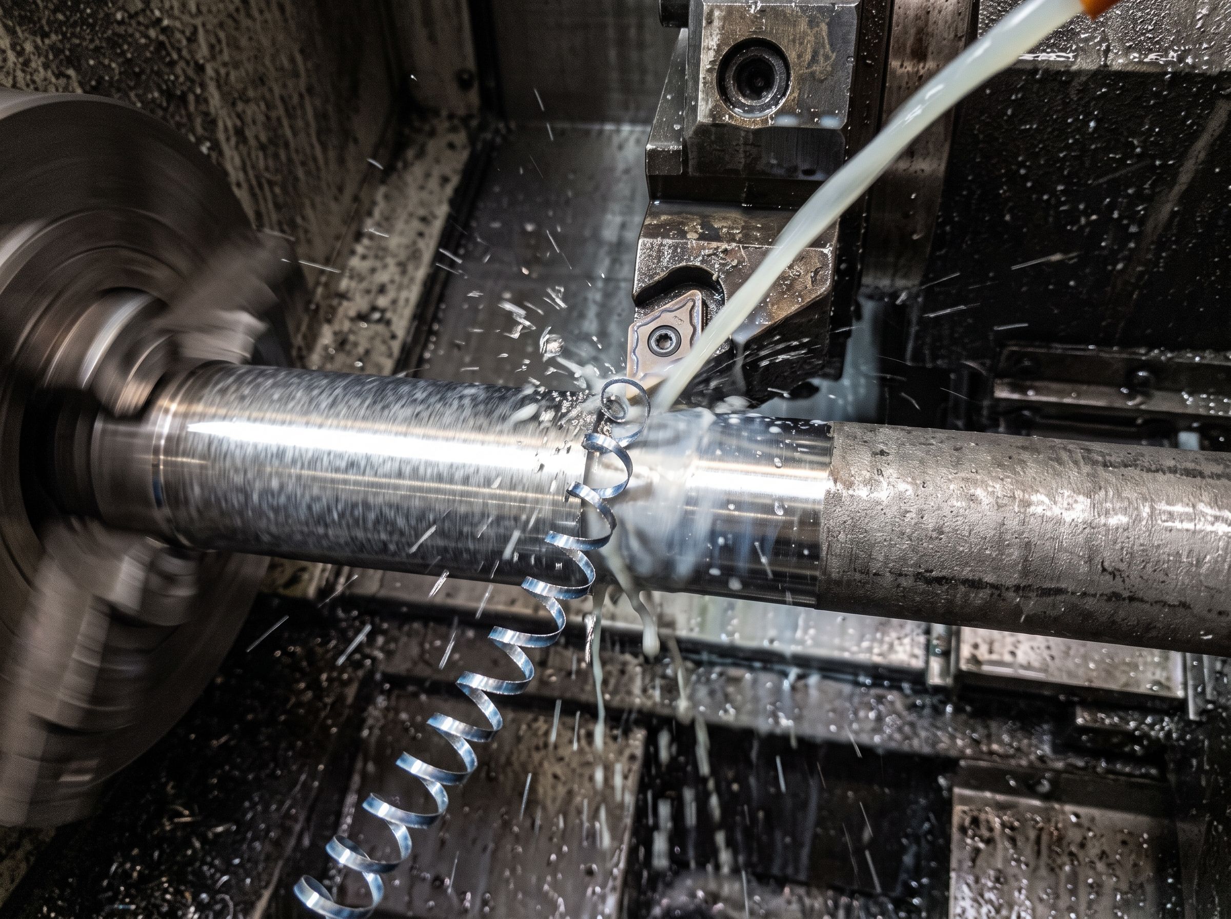 CNC torna tezgâhında paslanmaz çelik mil işleniyor; kesme sıvısı akıyor, talaş spiral halinde dökülüyor.